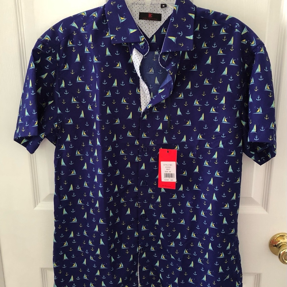Size M BC Collection Nautical Short-Sleeve Sailboat & Anchor Button-Down Shirt